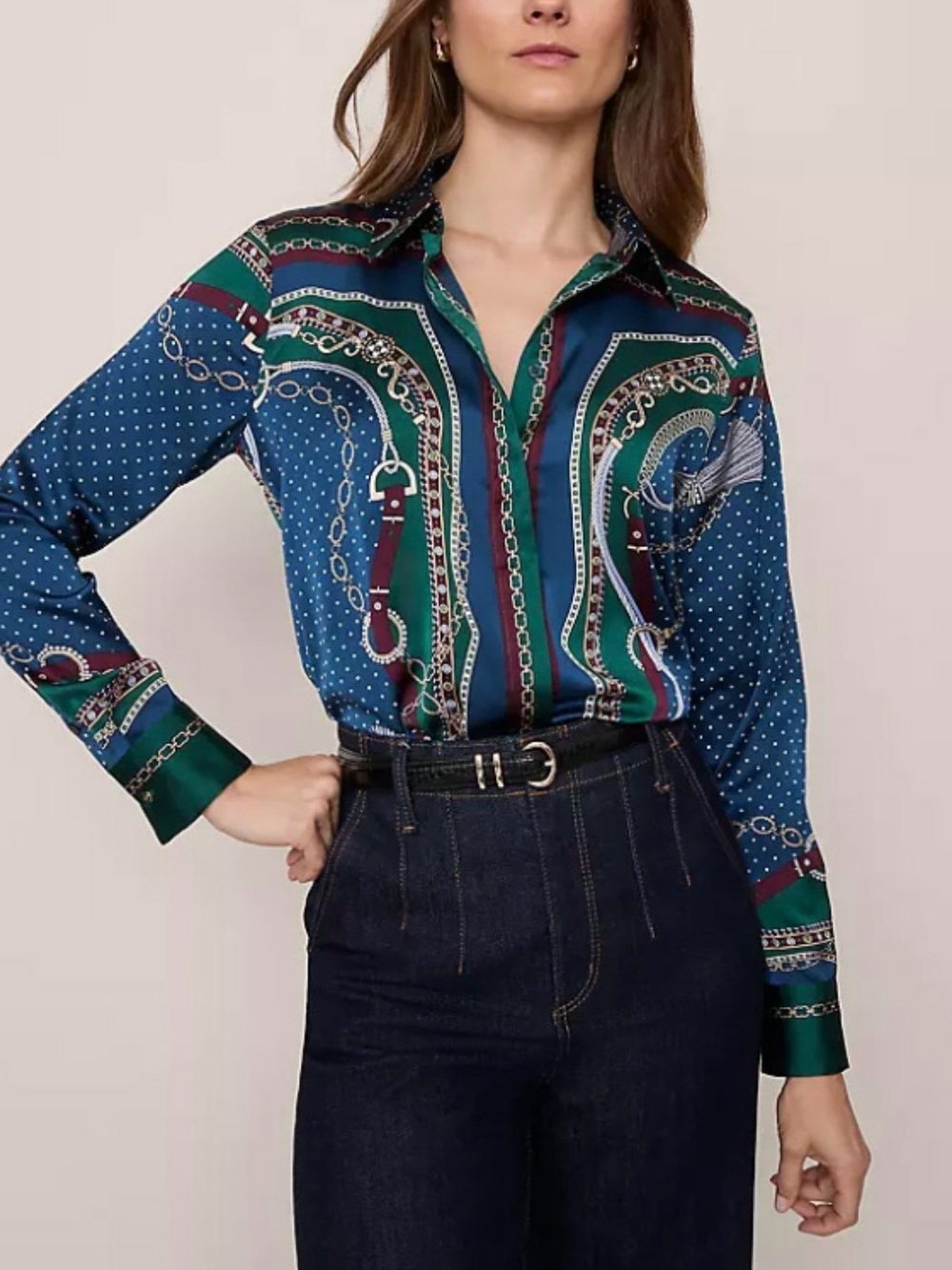 Ann Taylor Blue and Green Chain-Print Button Down Shirt